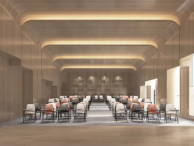 Modern Conference Room Interior With Wooden Walls Arched Ceiling And Neatly Arranged Seating 3d model