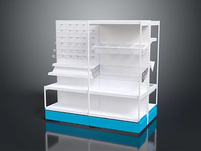 Modern White Display Shelving Unit With Blue Base Wire Mesh Shelves And Compartments 3d model