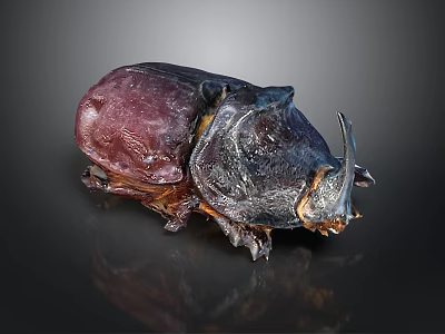 Rhinoceros Beetle With Dark Purple Black Exoskeleton On Shiny Dark Surface 3d model