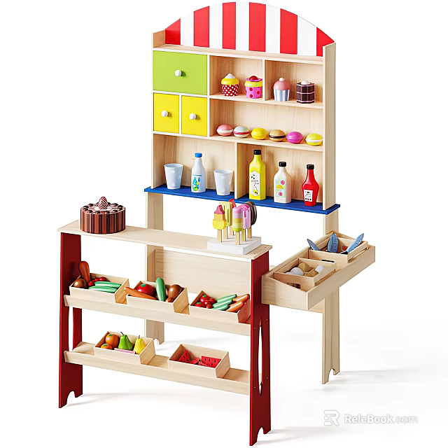 Doll Play Kitchen Set with Multi Layer Shelves and Various Toy Food 3d model 