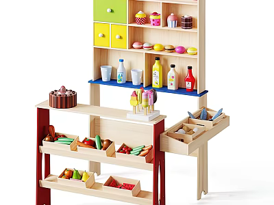 Doll Play Kitchen Set with Multi Layer Shelves and Various Toy Food 3d model