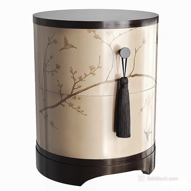 Elegant Round Traditional Chinese Style Bedside Table With Exquisite Floral And Bird Print Tassel Handle 3d model 