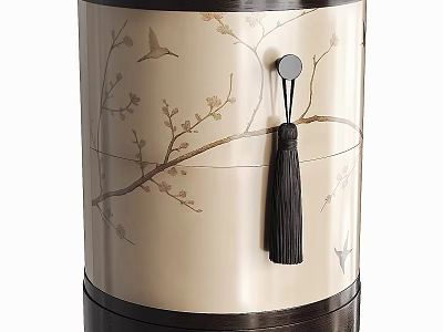Elegant Round Traditional Chinese Style Bedside Table With Exquisite Floral And Bird Print Tassel Handle 3d model