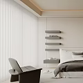 Modern Bedroom Interior Design With White And Gray Bedding Wall Shelves And Decorative Painting