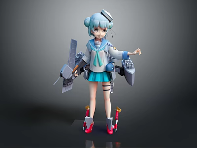 Blue Haired Anime Style 3D Game Character In Sailor Uniform Holding Weapon With Red Shoes 3d model