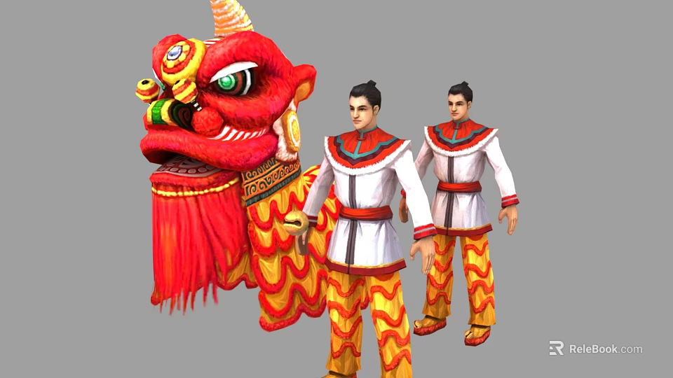 Game and Movie Characters in Traditional Lion Costumes White Tops Yellow Red Pants Red Belts 3d model 