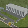 Modern Office Building Exterior With Glass Window Facade Parking Lot Front And Green Grassland
