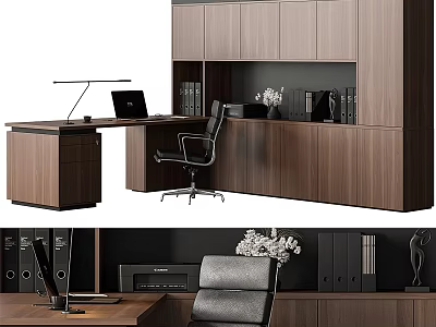 Modern Wooden Bookcase In Home Office With Desk Chair Lamp And Files 3d model