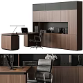 Modern Wooden Bookcase In Home Office With Desk Chair Lamp And Files