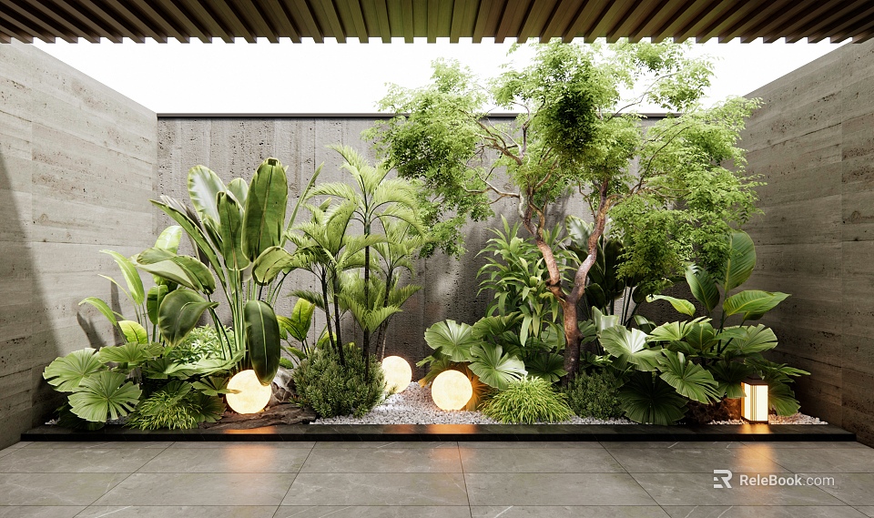 Indoor Landscape With Lush Plants Ambient Lighting And Concrete Walls 3d model 