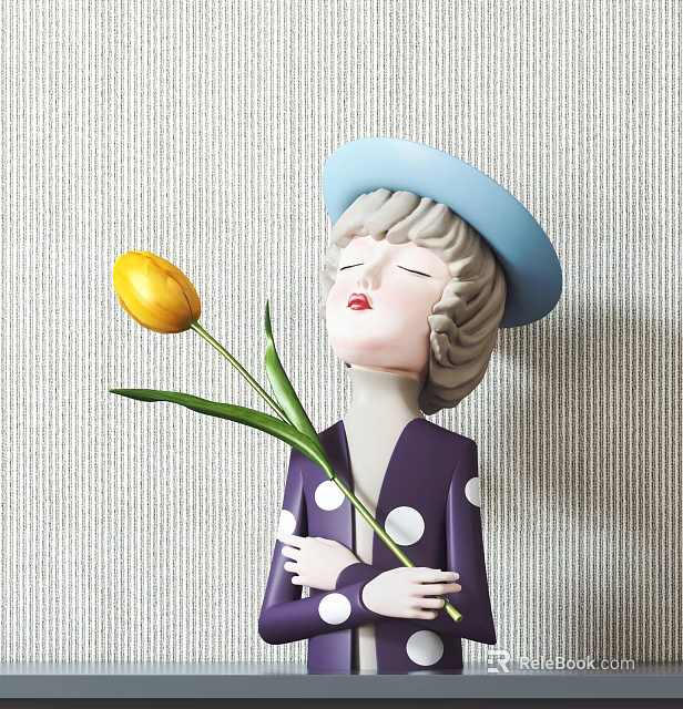 Female Sculpture Carving With Blue Hat Closed Eyes Purple Dress White Dots Holding Yellow Tulip 3d model 