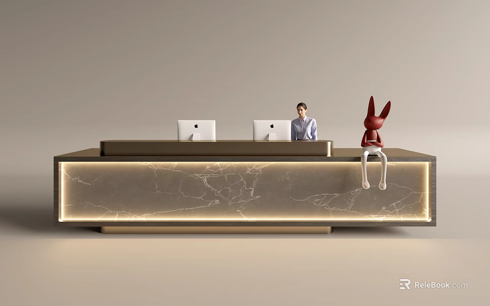 Modern Reception Desk With Marble Countertop Illuminated Base Rabbit Sculpture And Staff Member 3d model 