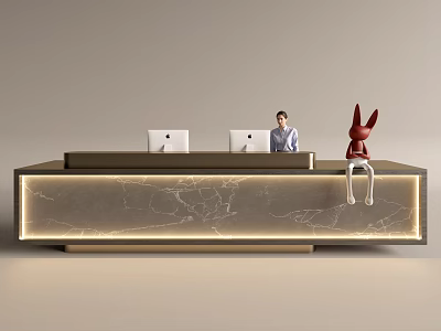 Modern Reception Desk With Marble Countertop Illuminated Base Rabbit Sculpture And Staff Member 3d model
