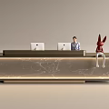 Modern Reception Desk With Marble Countertop Illuminated Base Rabbit Sculpture And Staff Member
