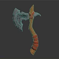 Medieval Battle Axe Weapon With Gray Intricate Head And Wooden Red Strapped Handle