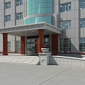 Gray Building Exterior Wall With Glass Curtain Wall Red Entrance Canopy Steps And Flower Pots