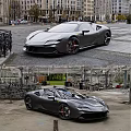 Black Sports Car Convertible And Coupe Models In Urban Square Industrial Setting With Sleek Design
