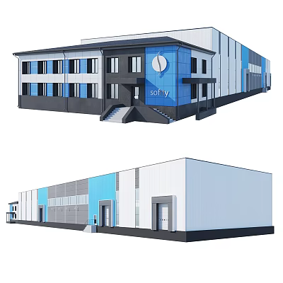 Modern Industrial Factory Building Exterior Design With Blue White Color Scheme And Large Windows 3d model