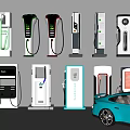 Various Electric Vehicle Charging Stations With Different Designs And Blue EV Car 3d model