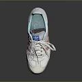 White Sports Shoes With Orange Stripes White Laces Blue Tongue Logo And Purple Sole