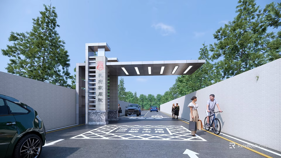 Modern Entrance Gate Design With Metal Structure Trees Road Pedestrians And Vehicles 3d model 