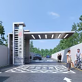 Modern Entrance Gate Design With Metal Structure Trees Road Pedestrians And Vehicles