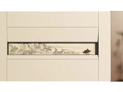 Traditional Chinese Background Wall Featuring Long Strip Landscape Artwork And Pavilion Design 3d model