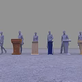 Conference Table Display Featuring Podiums And Standing Figure Models In Various Styles 3d model