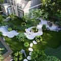 Modern Garden Wall Design With Green Plants Stone Path And Seating Area
