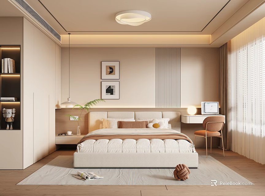 Modern Cozy Bedroom Interior Design With Double Bed Area Rug Desk Chair And Wall Art 3d model 