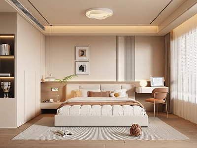 Modern Cozy Bedroom Interior Design With Double Bed Area Rug Desk Chair And Wall Art 3d model
