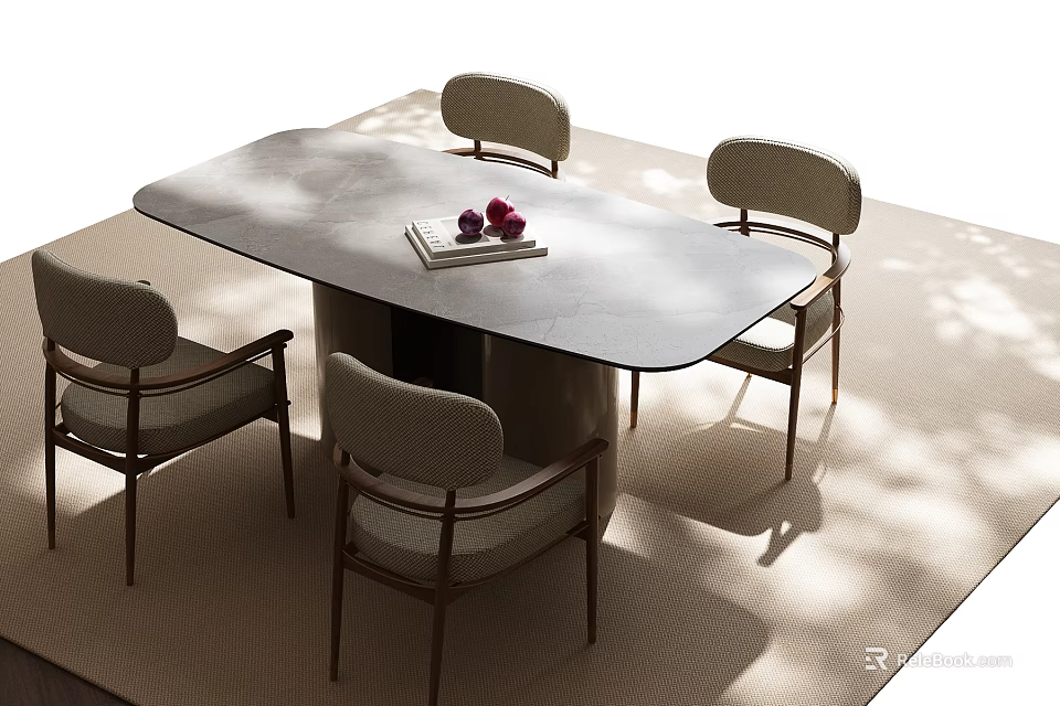 Modern Oval Dining Table with Stone Top and Four Upholstered Chairs Featuring Fruit and Book 3d model 