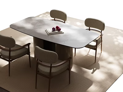 Modern Oval Dining Table with Stone Top and Four Upholstered Chairs Featuring Fruit and Book 3d model