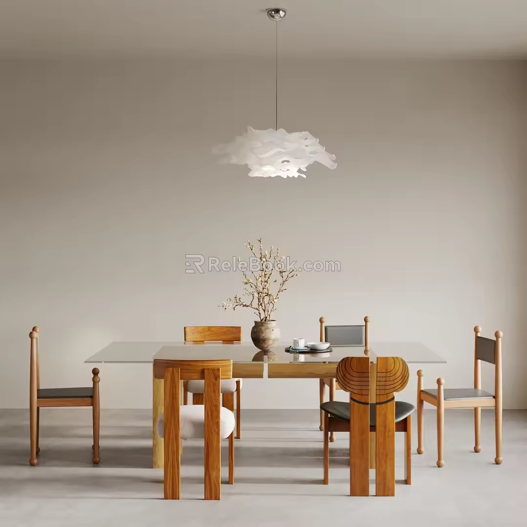 Dining Table and Chair Table and Chair Combination Chandelier Wooden Chair Chinese Seat Vase Lamp Guest Restaurant 3d model