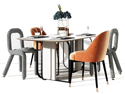 Dining Table Set With Houndstooth Pattern Orange Velvet Chairs Blue Flower Vase And Tableware 3d model