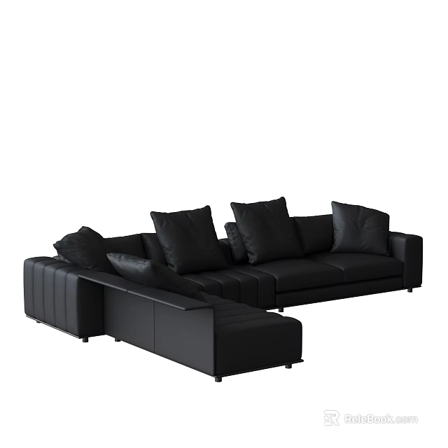 Black Leather Sectional Sofa With Multiple Pillows And Modern Living Room Design 3d model