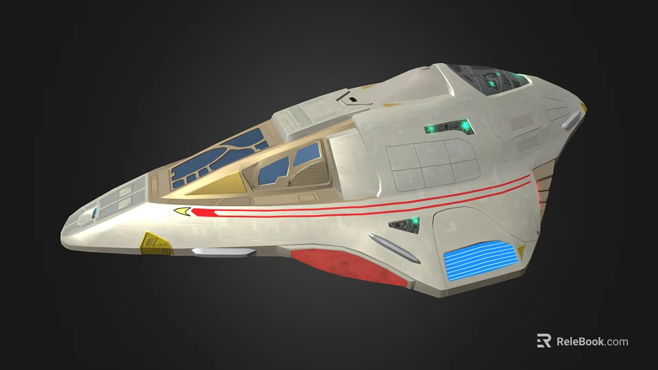 Futuristic Silver Spaceship With Cockpit Red Stripes And Blue Light Panels 3d model 