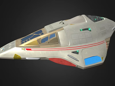 Futuristic Silver Spaceship With Cockpit Red Stripes And Blue Light Panels 3d model
