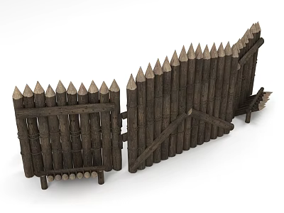 Wooden Fence With Pointed Tops Horizontal Rails And Sturdy Wooden Posts 3d model