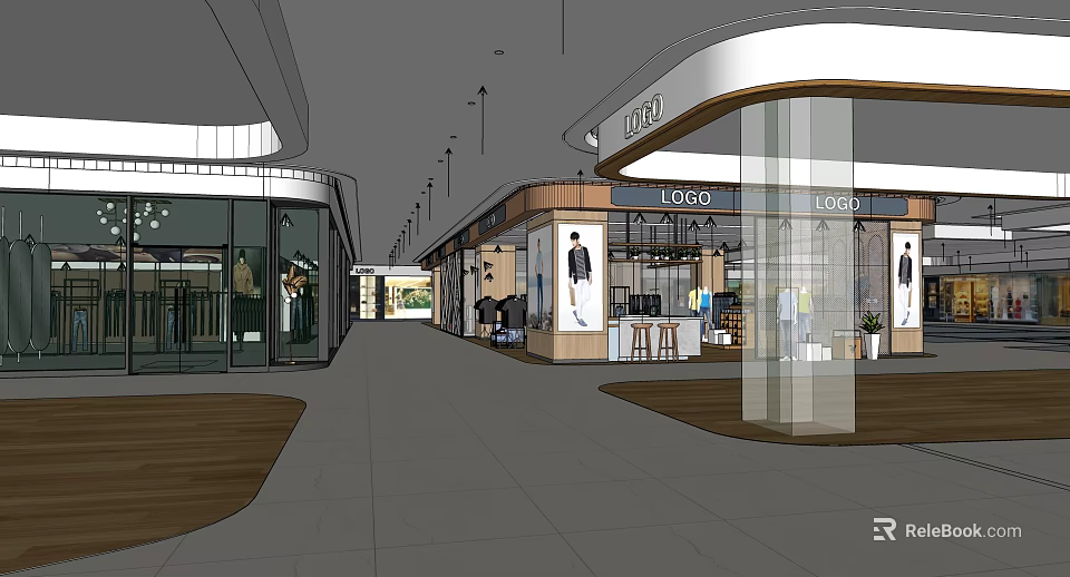 Modern Shopping Mall Interior With Retail Shops Brand Logos Display Windows And Floor Design 3d model 