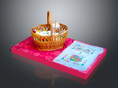 Daily Life Essentials Wicker Basket With Decorative Fabric On Pink Mat 3d model