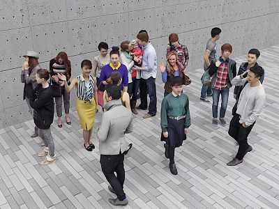 Group of People Interacting And Walking In Open Area With Gray Wall And Square Floor 3d model