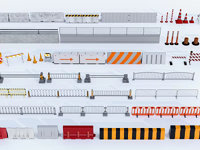 Various Construction Fences with Safety Barriers Traffic Cones and Striped Designs 3d model
