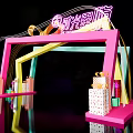 Colorful Geometric Frame Structure With Neon Lights And Reflection On Black Background