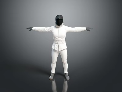 White Full Body Fencing Suit With Black Helmet And Arms Outstretched Standing Pose 3d model
