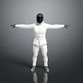 White Full Body Fencing Suit With Black Helmet And Arms Outstretched Standing Pose