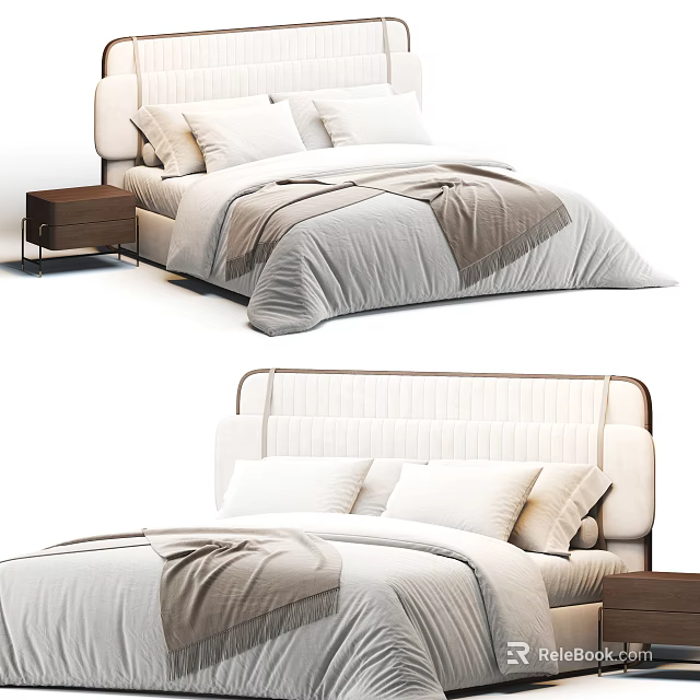 Modern Double Bed With Upholstered Headboard Soft Quilt And Decorative Pillows 3d model