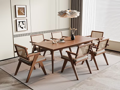 Modern Wooden Dining Table And Rattan Backrest Chair Set With Pendant Light And Decorative Paintings 3d model