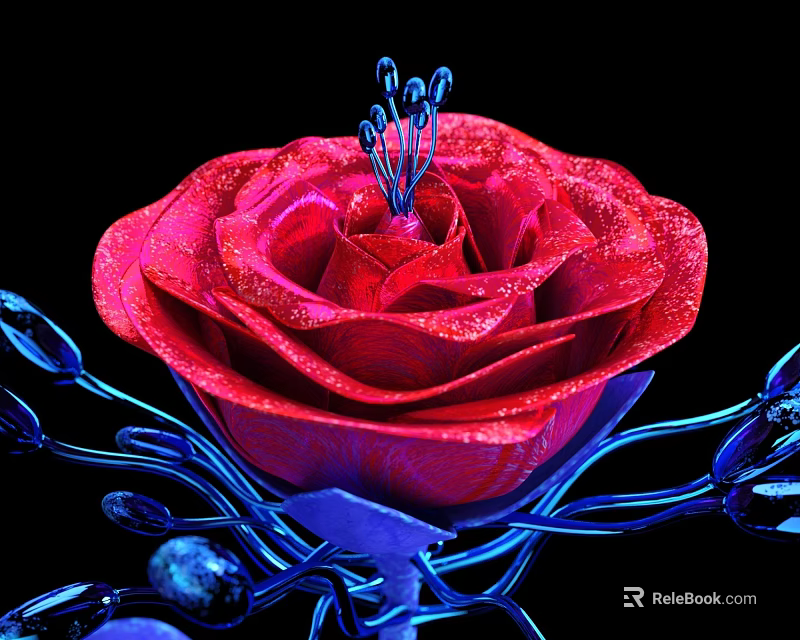 Stunning Red Rose with Glittery Petals and Blue Leaves on Black Background 3d model 
