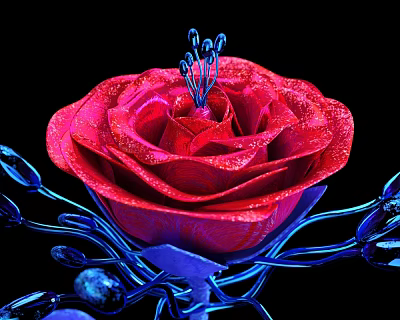 Stunning Red Rose with Glittery Petals and Blue Leaves on Black Background 3d model